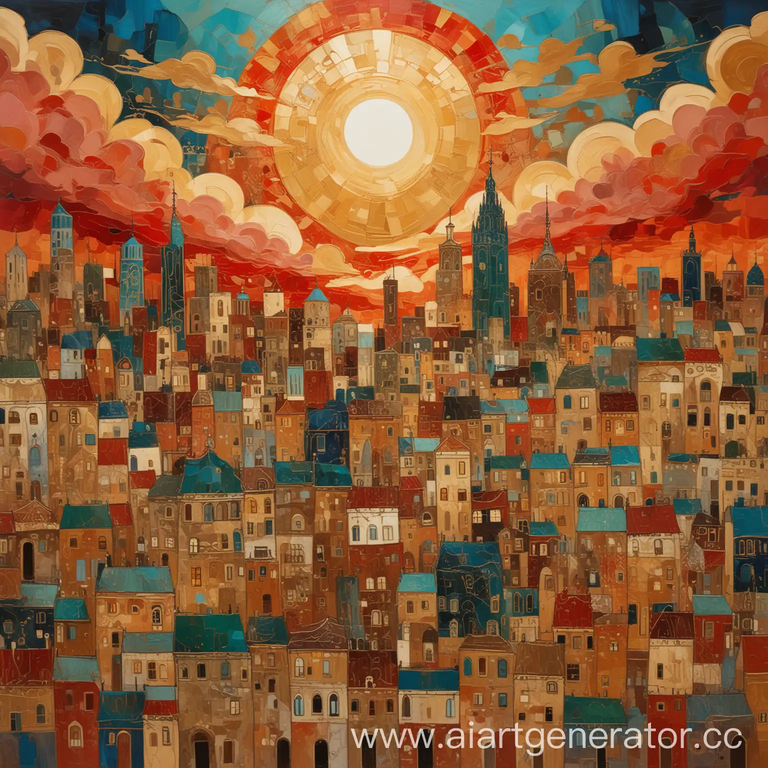 Abstract-Oil-Painting-Golden-Cityscape-with-Byzantine-Ornaments-and-Red-Sunset-Sky