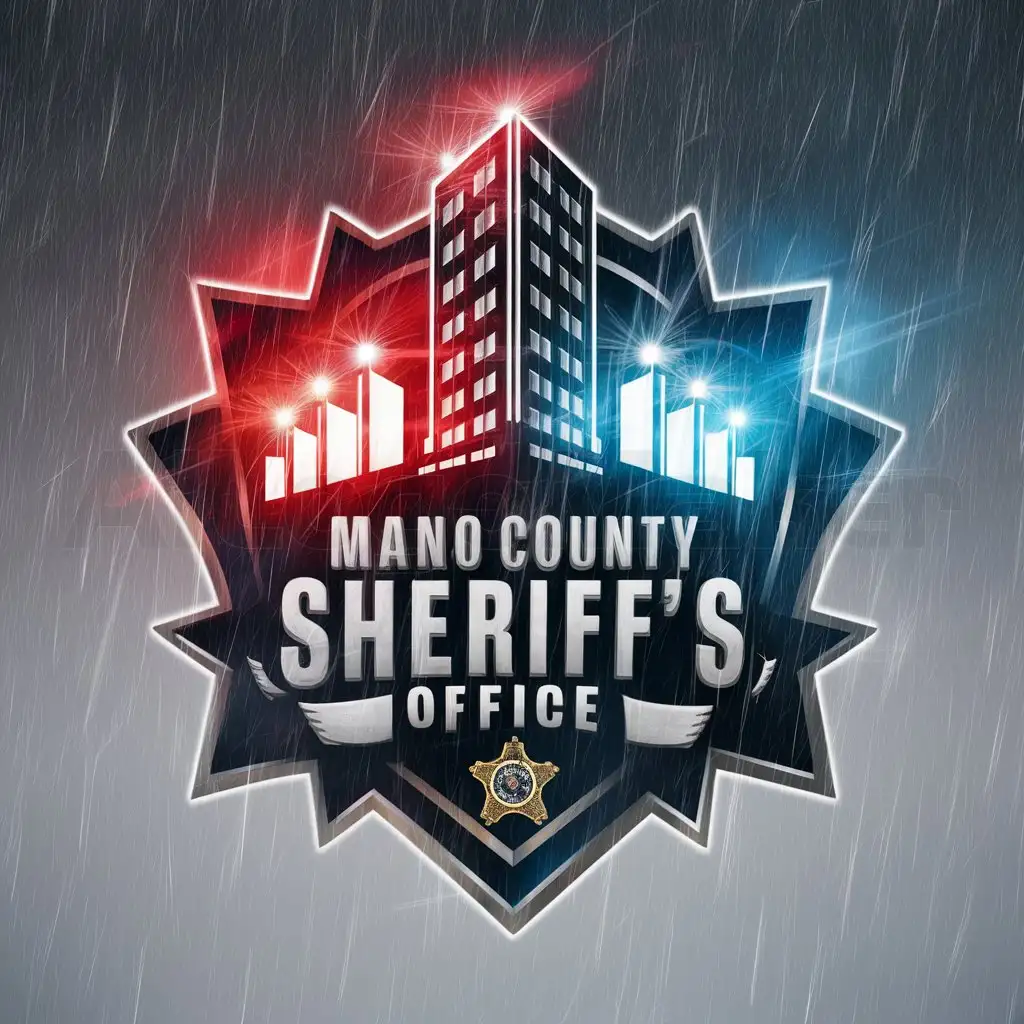 a logo design,with the text "Mano County Sheriff’s Office", main symbol:Skycrapers flashing red and blue lights with an intense battle of police and criminals with rain pouring down from the sky,Moderate,clear background