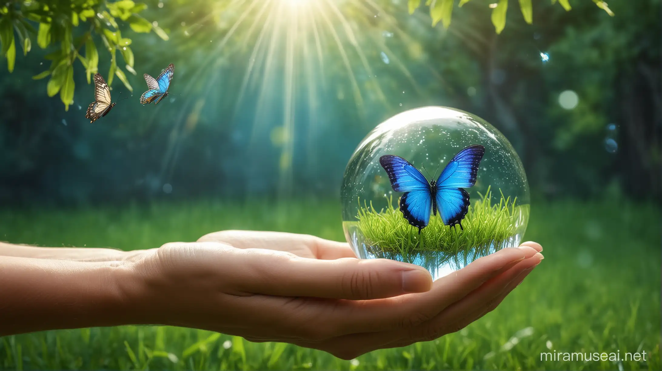 Earth crystal glass globe ball in human hand, flying butterfly with blue wings, fresh juicy grass background. 