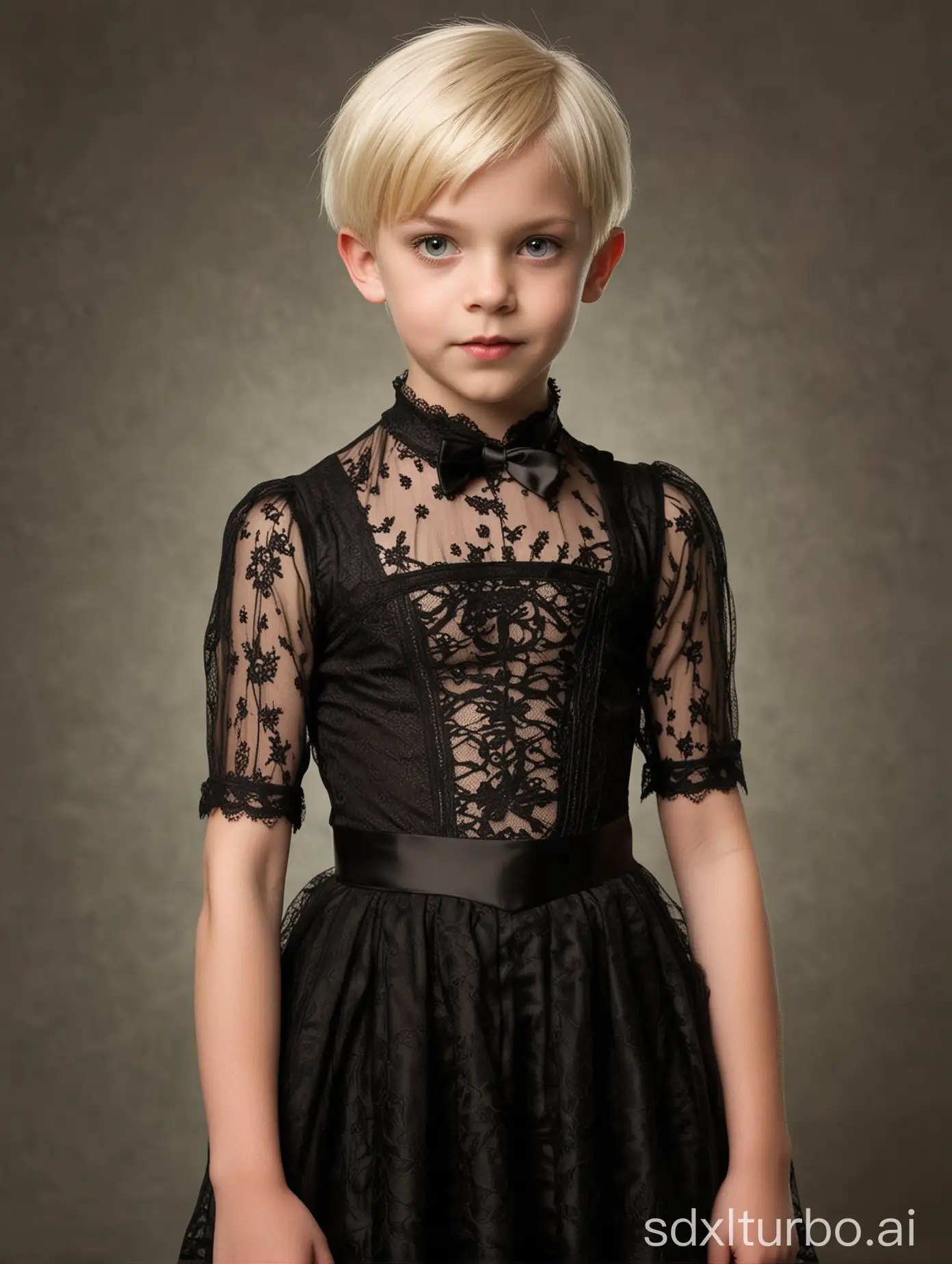 Gender role-reversal, full-body Photograph of a cute 10-year-old blonde boy with short smart hair shaved on the side is cross-dressing in a “Wednesday Addams” black goth lace ballroom dress and dancing, adorable, perfect children faces, perfect faces, clear faces, perfect eyes, perfect noses, smooth skin