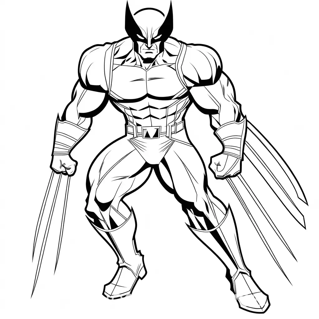 wolverine (super hero from marvel), Coloring Page, black and white, line art, white background, very simple, Ample White Space. The background of the coloring page is plain white to make it easy for young children to color within the lines. The outlines of all the subjects are easy to distinguish, making it very simple for kids to color without too much difficulty, Coloring Page, black and white, line art, white background, Simplicity, Ample White Space. The background of the coloring page is plain white to make it easy for young children to color within the lines. The outlines of all the subjects are easy to distinguish, making it simple for kids to color without too much difficulty