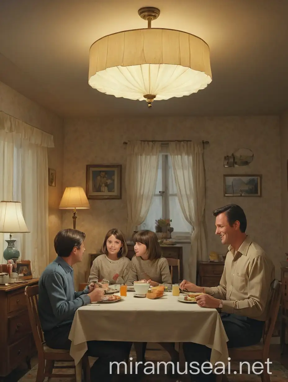Make this a happy family please, they sit around a table in a room, on the left is the father, then the 15 year old daughter, then the mother, then a 5 year old boy, and a 12 year old son, it's the sixties, outside it's dark, there is food on the table, above the table hangs a strange lamp from the ceiling, the lamp is broad with a creme coloured little curtain hanging on it