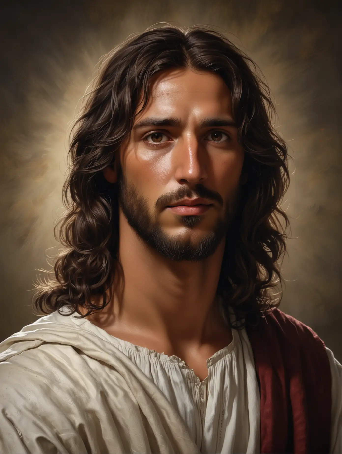 A REALISTIC PAINTED PORTRAIT OF THE LORD JESUS, FEOM THE WAIST UP WITH SHOULDER LEBGTH WAVY, DARK HAIR AND BROWN EYES, LOOKING ATRAIGHT AT THW VIEWER, DEAMATIC LIGHTING