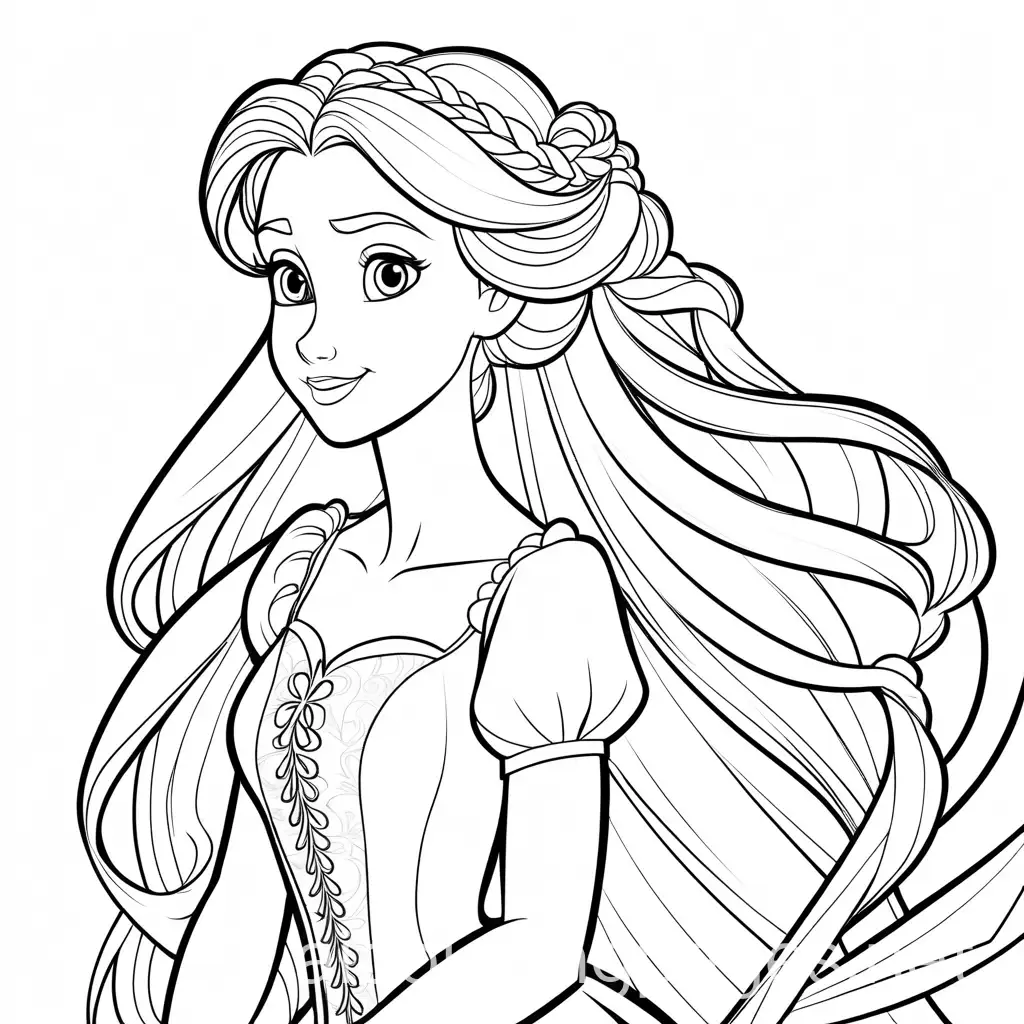 Rapunzel Disney character tangled hair coloring page, add birthday celebration , Coloring Page, black and white, line art, white background, Simplicity, Ample White Space.