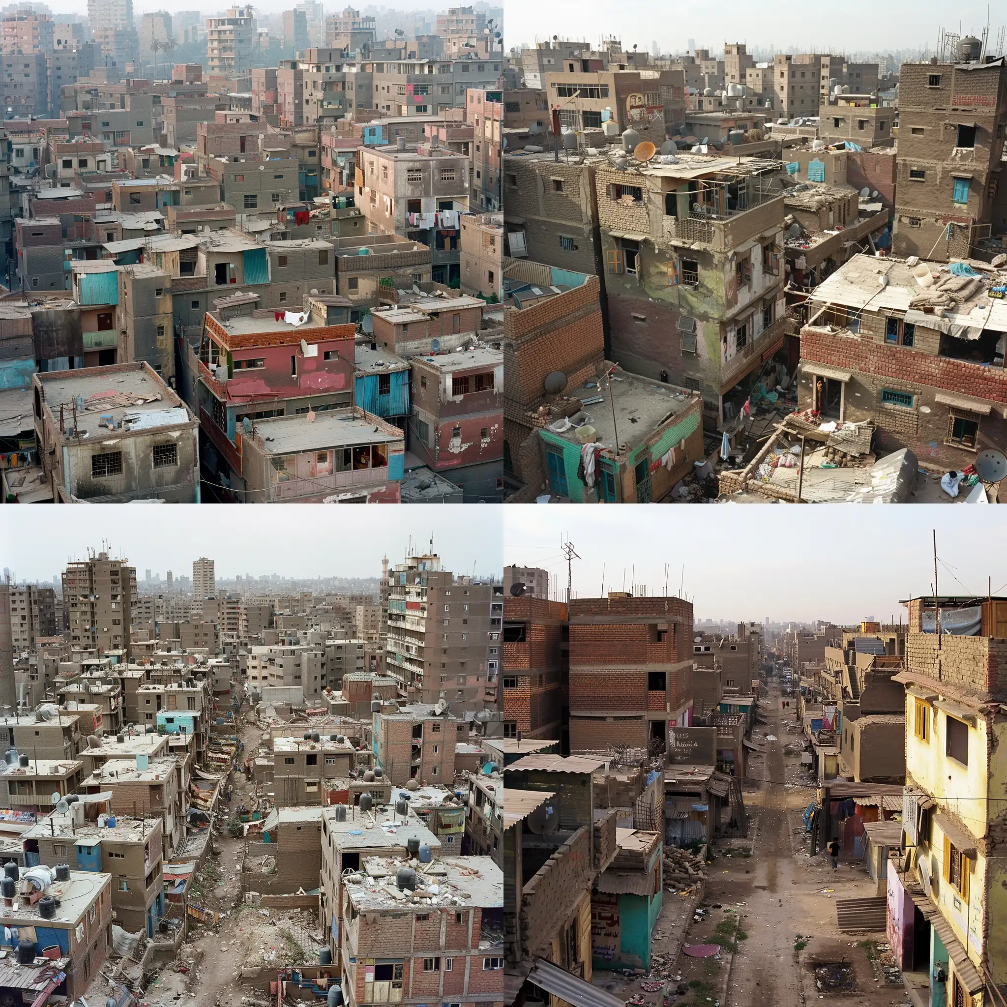 Illegal settlements in Egypt, called "informal settlements" and "slums", are areas where housing is built without proper building permits. They arose as a result of rapid urban growth and a lack of affordable housing. Here are some characteristics of these settlements:  - Buildings: Houses are built from inexpensive and readily available materials such as brick, wood, metal sheets and even cardboard. The buildings are pressed tightly against each other without clear planning and street network. - Infrastructure: These areas lack basic infrastructure such as sewerage, clean water, electricity and roads. This results in poor sanitation and makes access to services difficult. - Economy: Residents engage in the informal economy such as street vending, handicrafts and odd jobs to make ends meet. - Social conditions: Illegal settlements are characterized by high levels of poverty and overcrowding. Education and health services are limited and inaccessible.  These areas are found around major cities such as Cairo, where they are located on the outskirts and on land not designated for construction. Despite the difficulties faced by the residents of these settlements, they have a strong sense of community and mutual assistance.