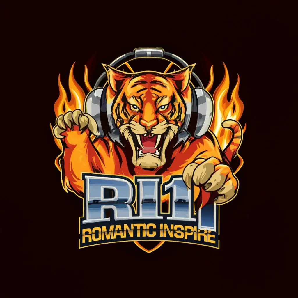 a logo design,with the text "RI1
Romantic Inspire 
", main symbol:Tiger fire DJ WEARING HEADPHONE screaming and THE BACKGROUND OF IT IS TWO SPEAKERS A WOLF DJ WEARING HEADPHONES SCREAMING WITH TWO SPEAKERS IN THE BACKGROUND,complex,be used in Entertainment industry,clear background