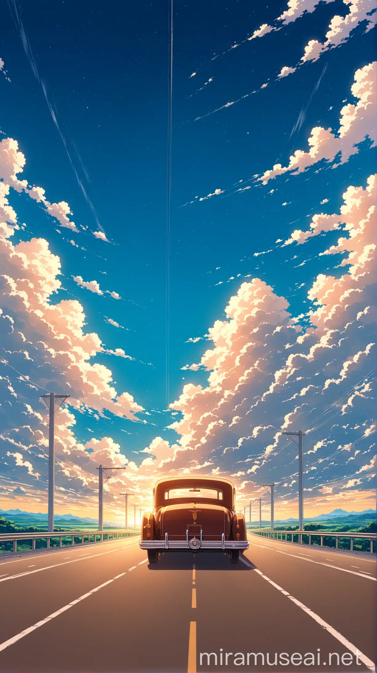 Vintage long car on highway, where the breeze whispers secrets, yet untold, anime sky, cloud
