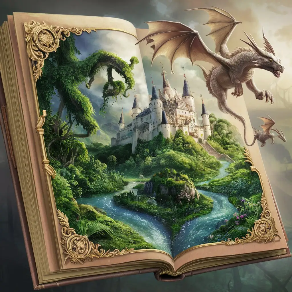 A beautiful, magical, ancient, ornate book is a portal to the world of fairy tales, legends and myths, where we are greeted by a magical landscape of mountains, rivers and forests full of beautiful, diverse flowers. In the distance you can see a beautiful castle and amazing flying dragons guarding this magical world.