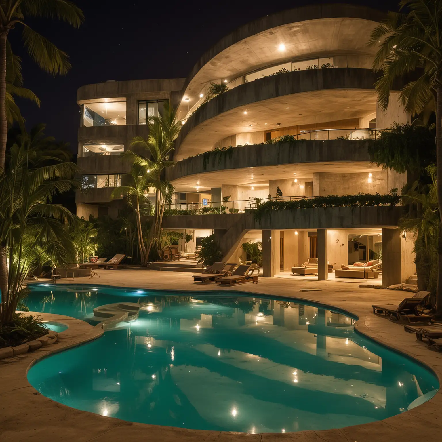 a very handsome 16 year old Mexican boy in a curved concrete nightclub has an underground parking lot, 3 pools (tiered pools from the higher level in the east to the lower level pool in the west), predominantly green, is a 3 story house with garden and pool. on a small sandy island beach. with lights at night