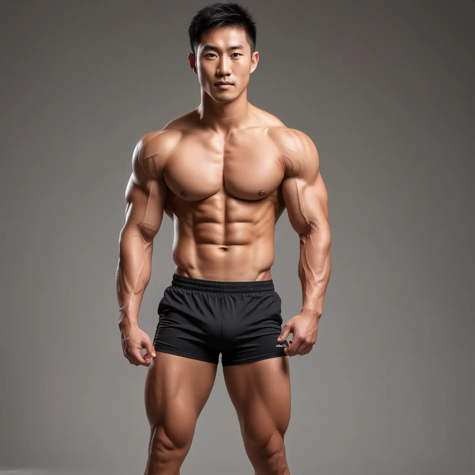 肌肉发达的中国男体育生，皮肤黝黑，单眼皮，穿运动短裤，圆寸，大腿肌肉发达
