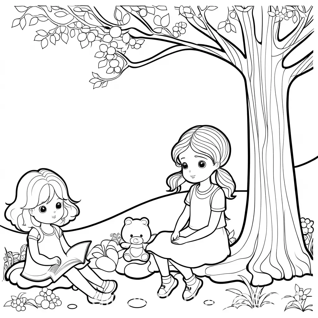 A girl sitting under a tree. Angry face on girl. A toy doll is next to her. Coloring Page, black and white, line art, white background, Simplicity, Ample White Space. The background of the coloring page is plain white to make it easy for young children to color within the lines. The outlines of all the subjects are easy to distinguish, making it simple for kids to color without too much difficulty. Very simple design , Coloring Page, black and white, line art, white background, Simplicity, Ample White Space. The background of the coloring page is plain white to make it easy for young children to color within the lines. The outlines of all the subjects are easy to distinguish, making it simple for kids to color without too much difficulty