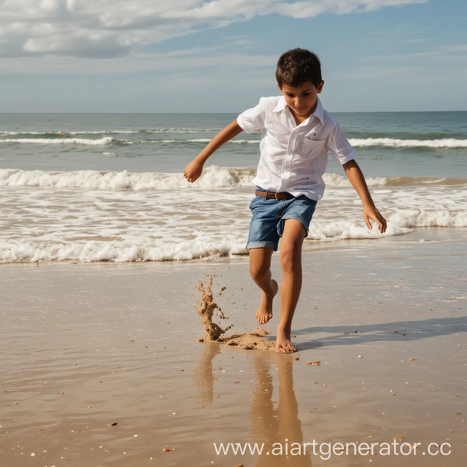 бразильский мальчик одетый в рубашку пинает ногой песок на бразильском пляже