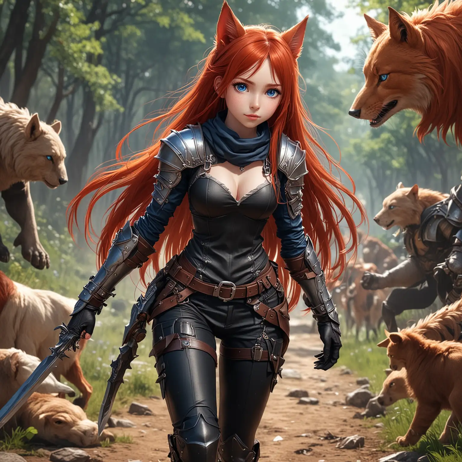 Anime girl, blue eyes, long red hair, pointed ears, adventurer's armor, black pants, followed by animals, dynamic pose