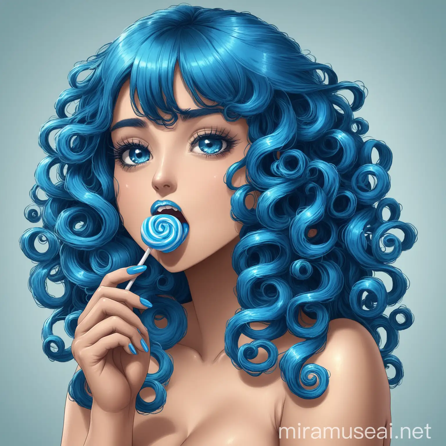 CurlyHaired Latina Enjoying Vibrant Blue Candy