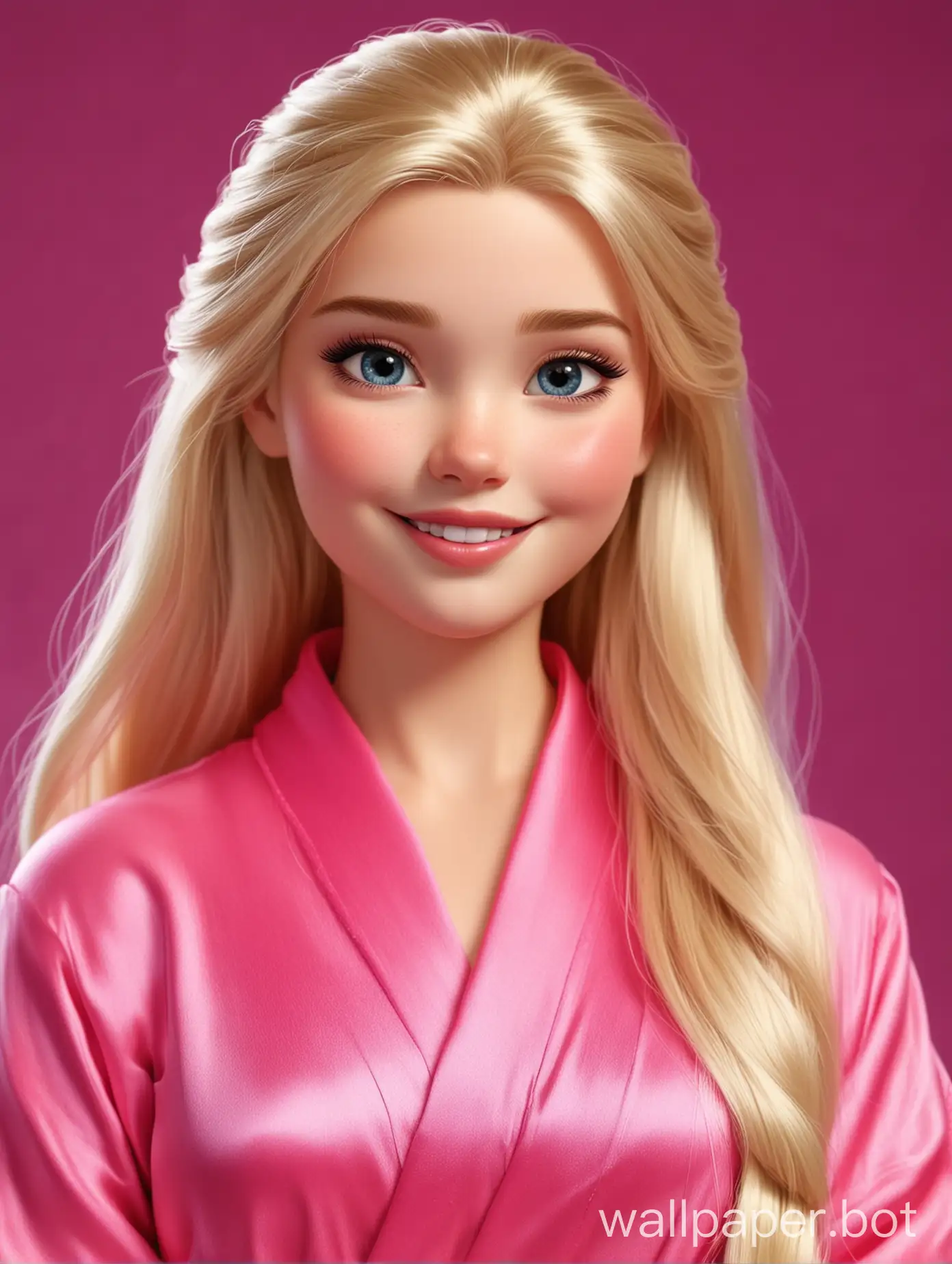 Realistic Sweet Cutie Elsa with long straight silky blondie hair Smiling in Pink fuchsia Silk robe