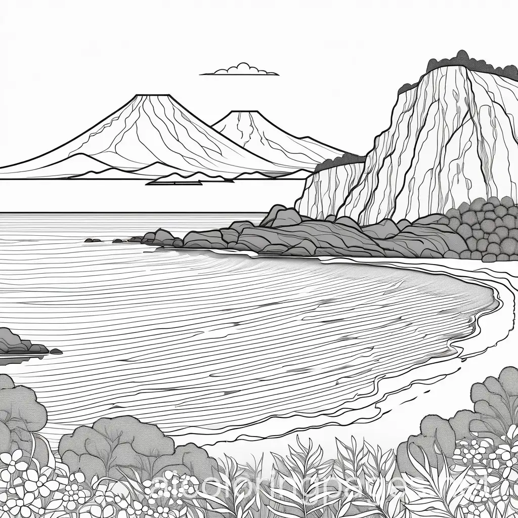 coloring page of jeju island easy to color, Coloring Page, black and white, line art, white background, Simplicity, Ample White Space. The background of the coloring page is plain white to make it easy for young children to color within the lines. The outlines of all the subjects are easy to distinguish, making it simple for kids to color without too much difficulty