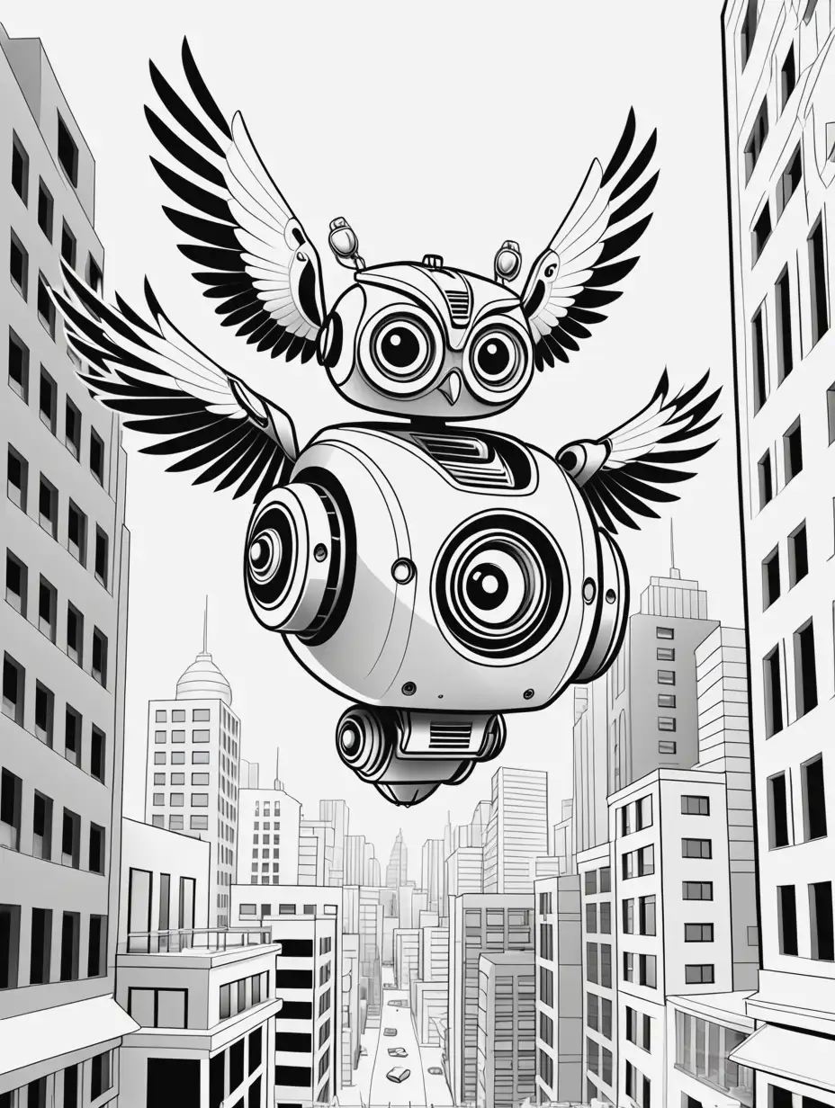 Urban Adventure of a Flying Robot Owl Coloring Book Page