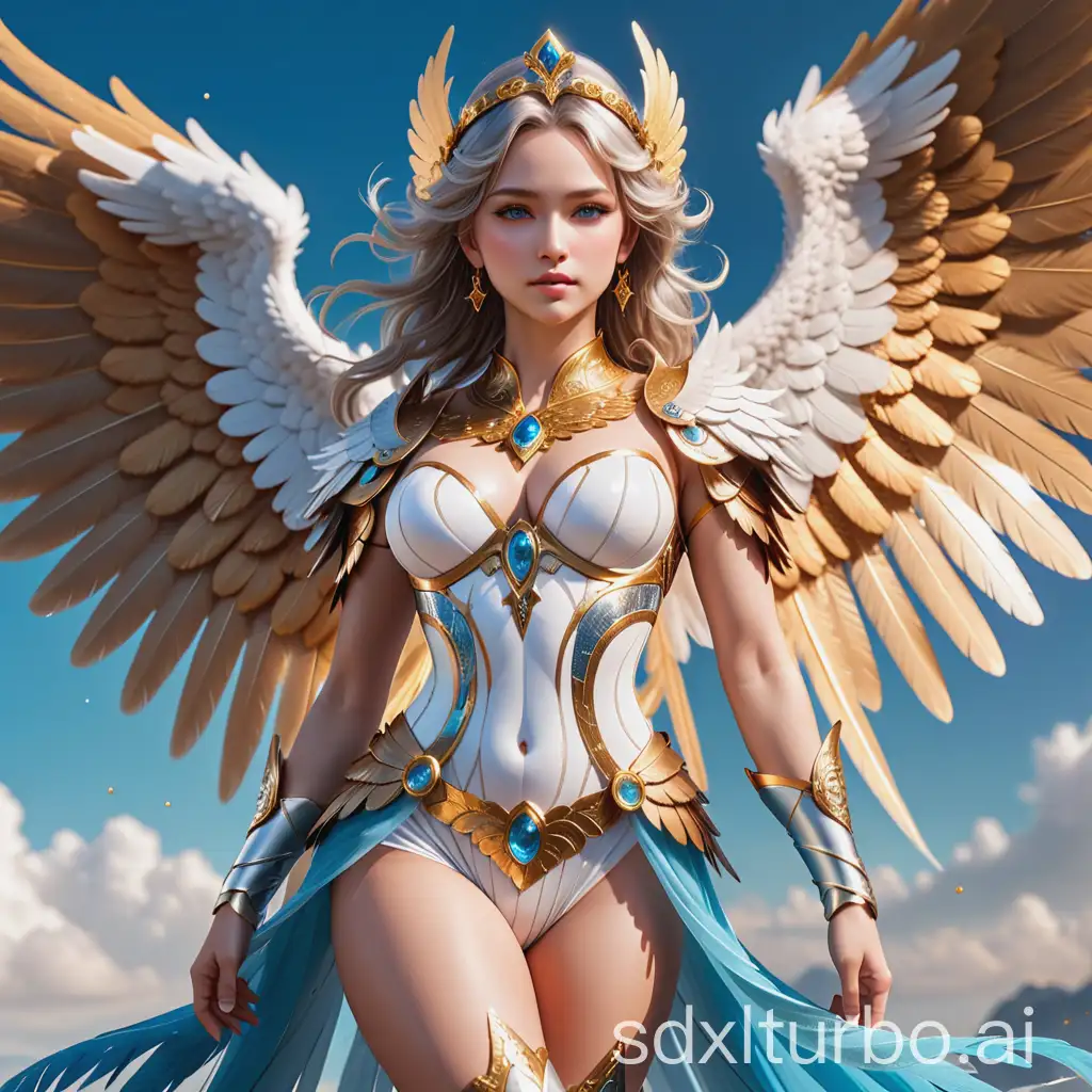 RAW Photo of a highly detailed magnificent angel with wings  in a full-body long shot with wide field dept from 15 meter distance with clean hands & fingers putting high hills shoes & shining gems on wings tips from a distance that full body and wings are visible, looking at the viewer, light makeup, with sharp focus, clear big blue catchy eyes, detailed face and, skin texture,wings outstretched with gold & silver tips and gold silver & blue feathers, intricate ornate marble, and interwoven and spiral bony patterns, final fantasy style,super beautiful goddess wearing translucent  great at both photos and artistic, feathered 32k, high resolution, detailed, realistic lighting, focus on hands/face, painterly, strong composition, prize-winning simple white background, hdr+, great at both photos and artistic , pinterly, strong composition, award-winning with 