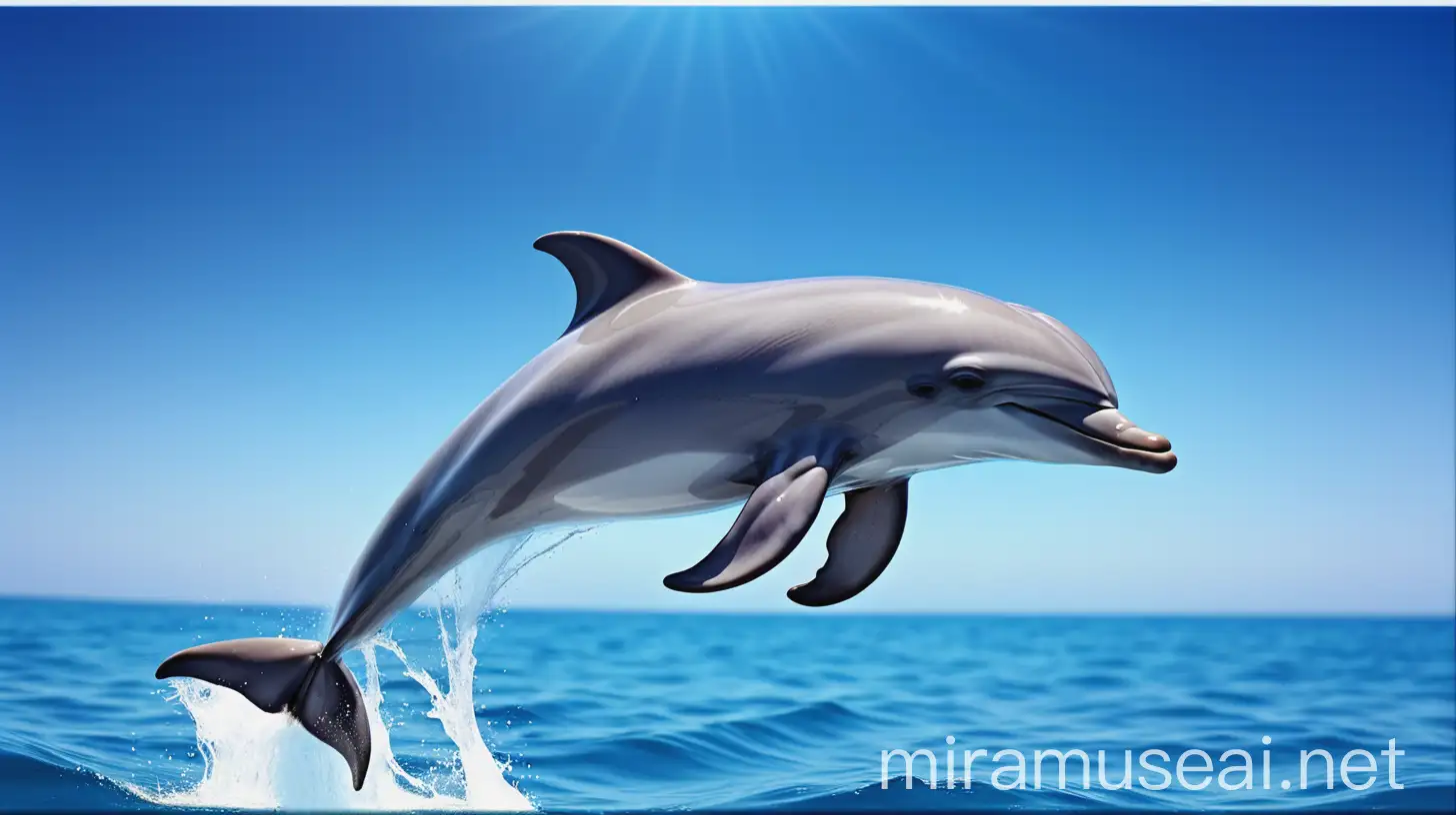 a cute looking dolphin jumping in the sea blue water very shiny blue sky high resolution 