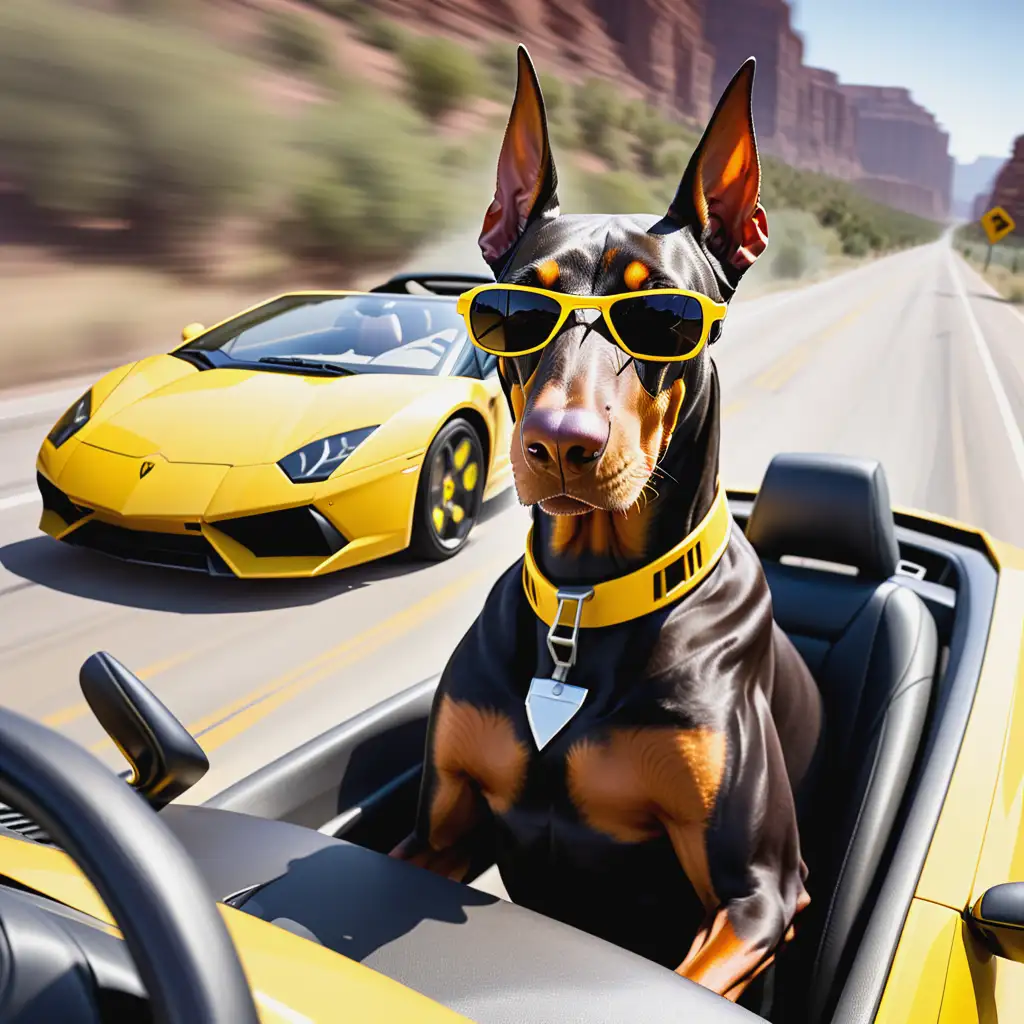 humanized doberman with sunglasses driving a yellow lamborghini on the road at high speed, the scene is seen from the front