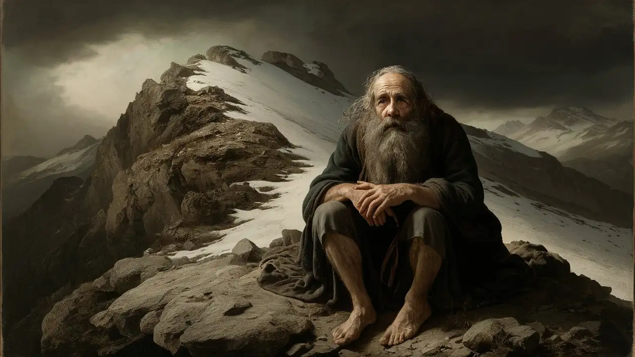 Lonely Elderly Man on Mountain Summit with Long Beard
