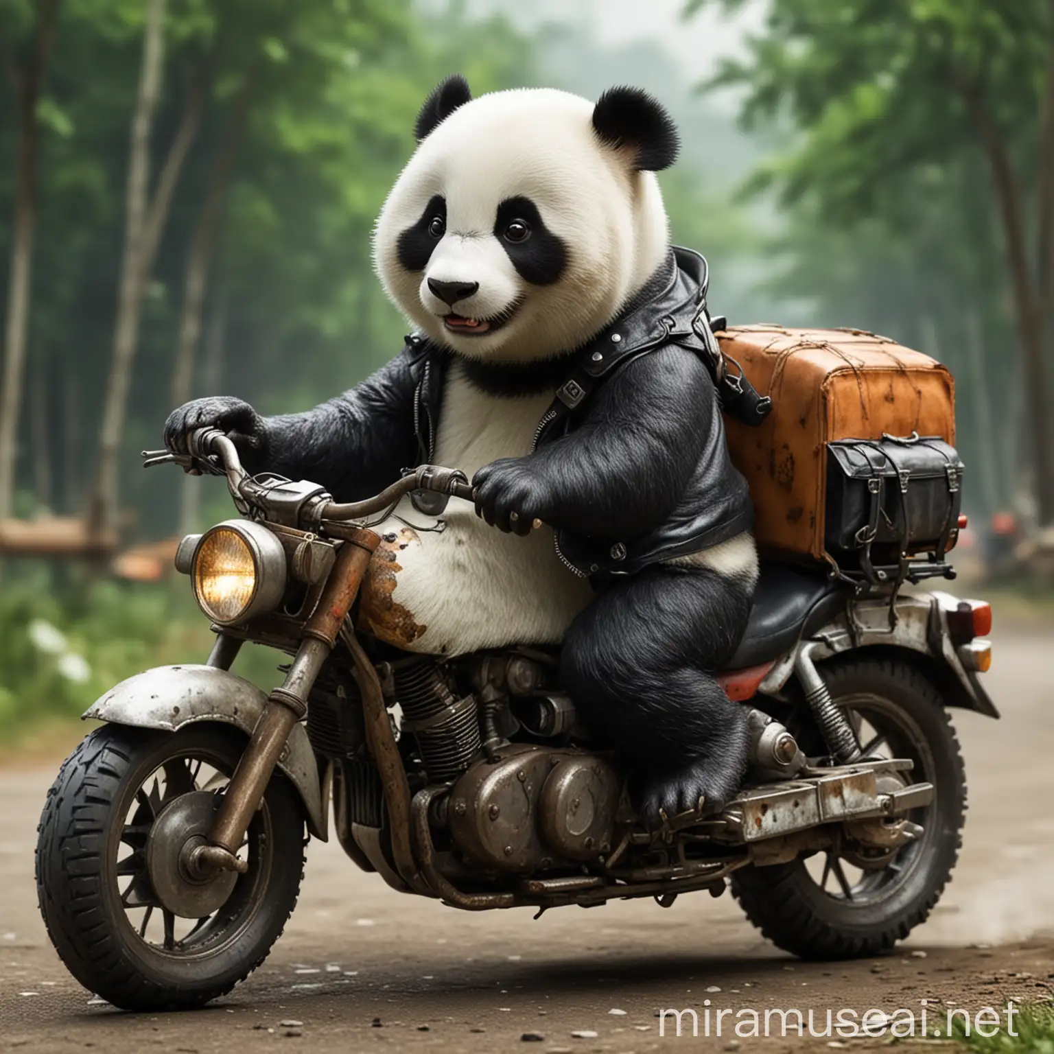 Panda Riding Motorcycle Through Bamboo Forest