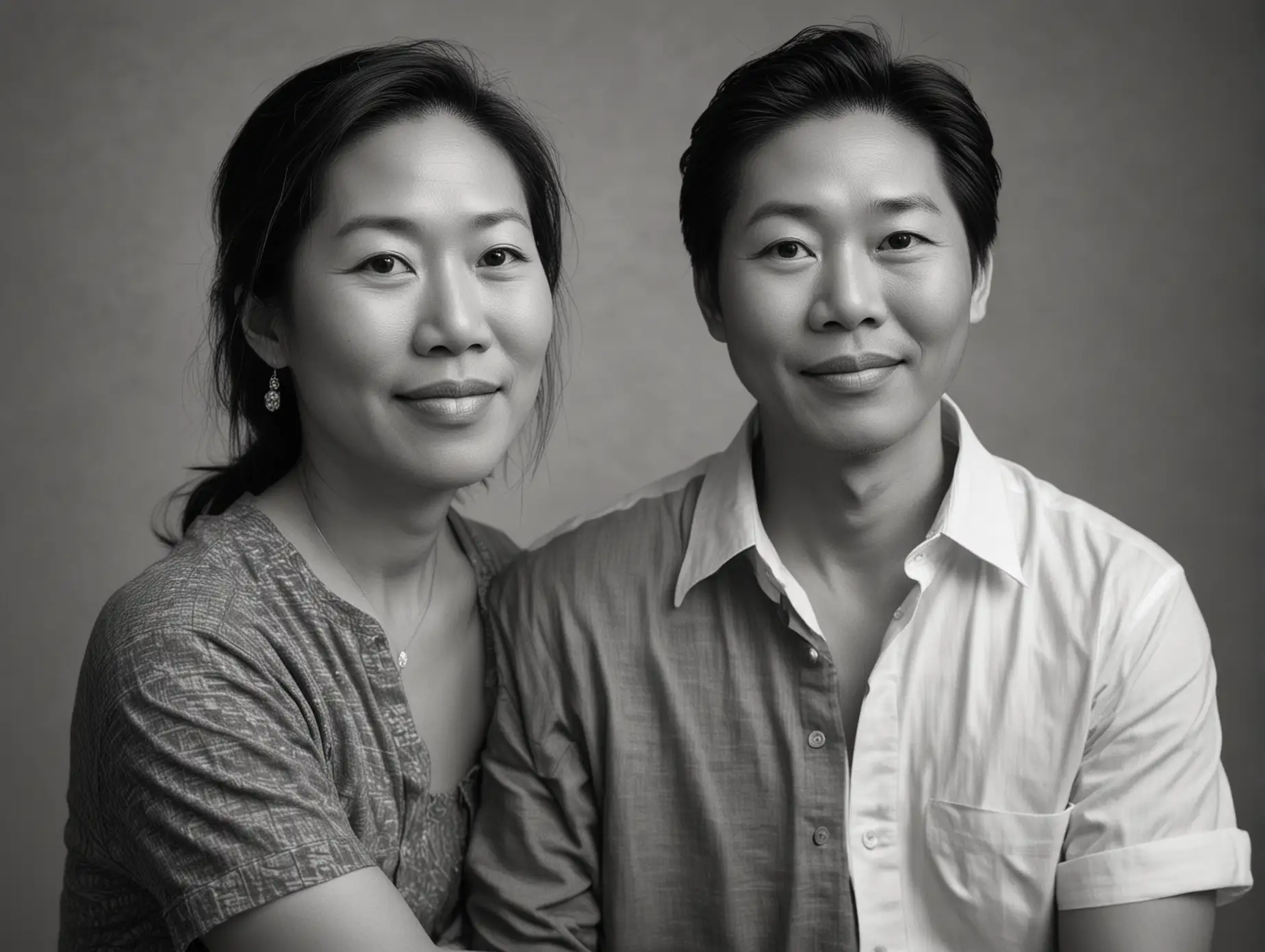 realistic black and white photo of a casually dressed middle-aged heterosexual married Asian-American couple conveying their commitment to a noble cause