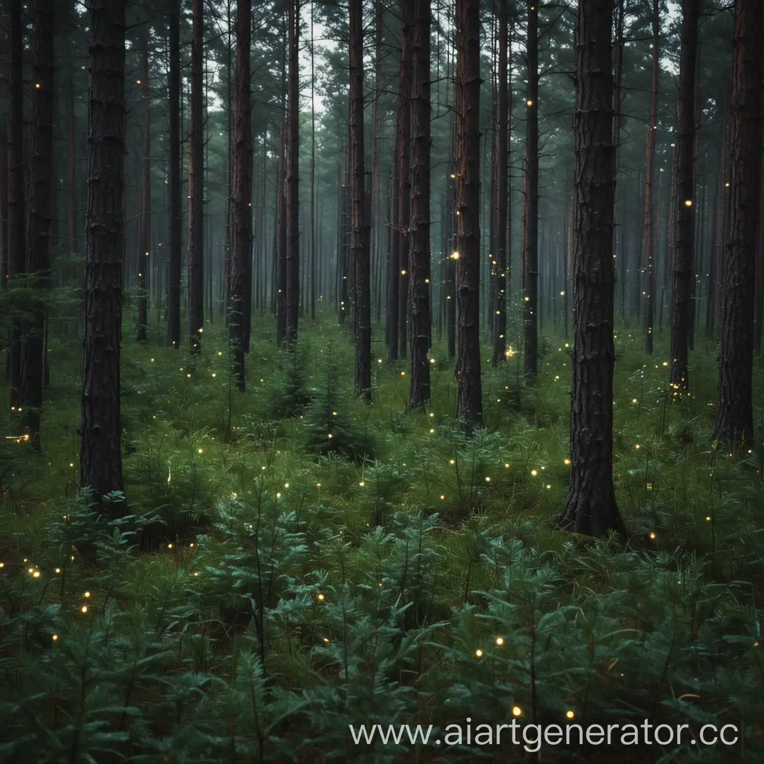 Сосны и ели, слегка размытое изображение, лес со светлячками