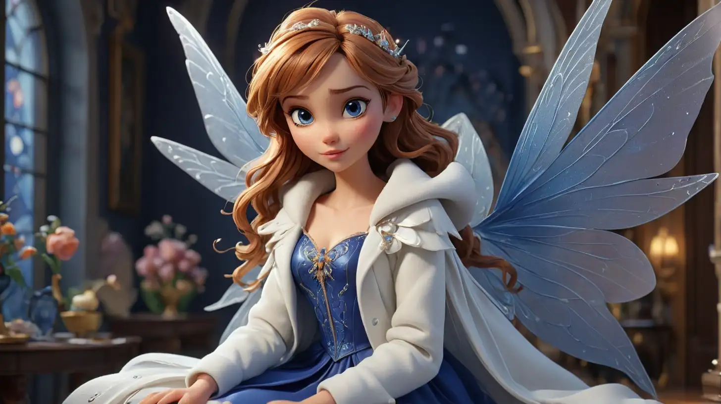 A beautiful fairy, 3D, Disney Style, with beautiful fairy wings, a fairy that is a fashion designer, in a white coat, in a royal blue dress, in a fashion house