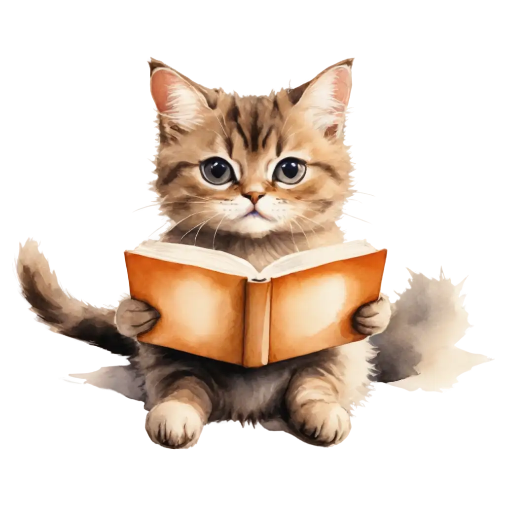 Adorable-Reading-Cute-Cat-Watercolor-PNG-Enhance-Your-Online-Content-with-Delightful-Feline-Art