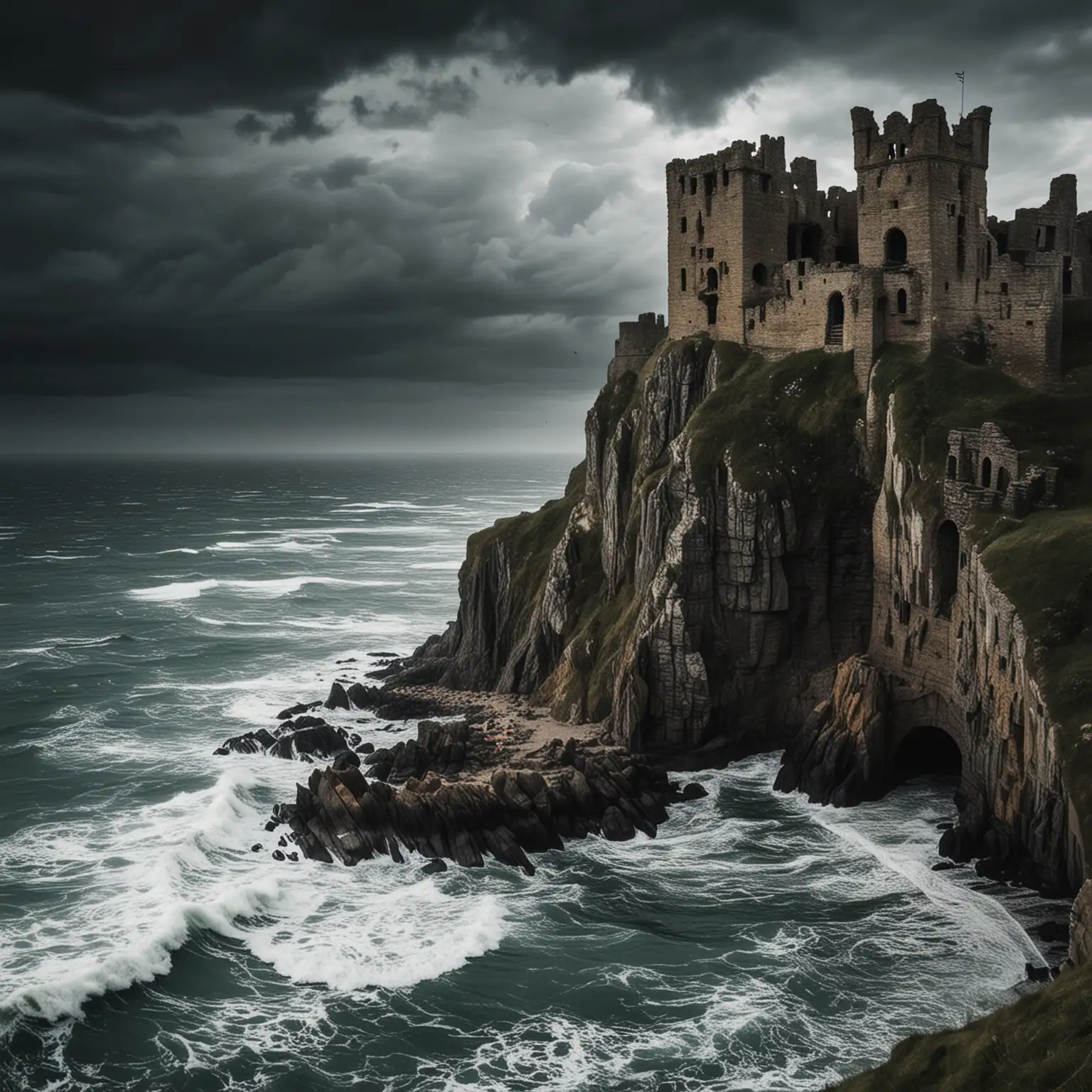 Ruined castle on a cliff overlooking the sea, with a stormy sky and crashing waves, eerie, moody, atmospheric