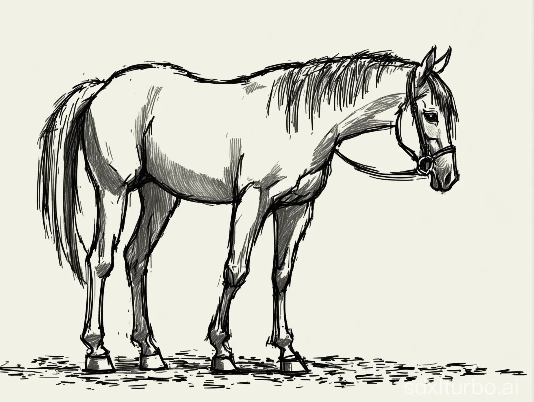 нарисуй лошадь, которая стоит на земле с поднятой головой, в полный рост, боком. одно копыто поднято. стиль рисования - быстрый набросок