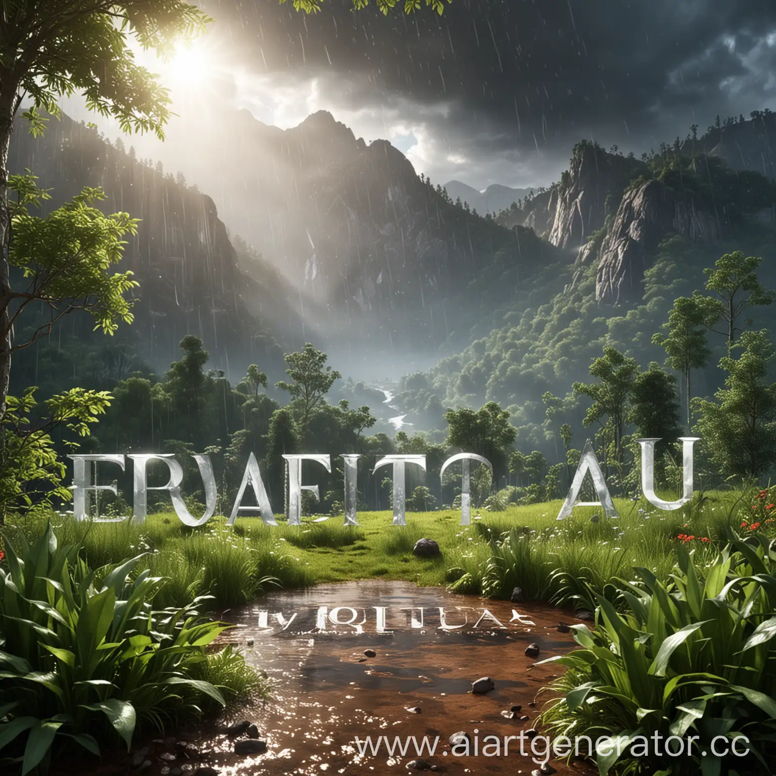 Mountains-and-Plants-with-eventuallua-3D-Inscription-Rainy-Atmosphere-and-Sunlight-Rays