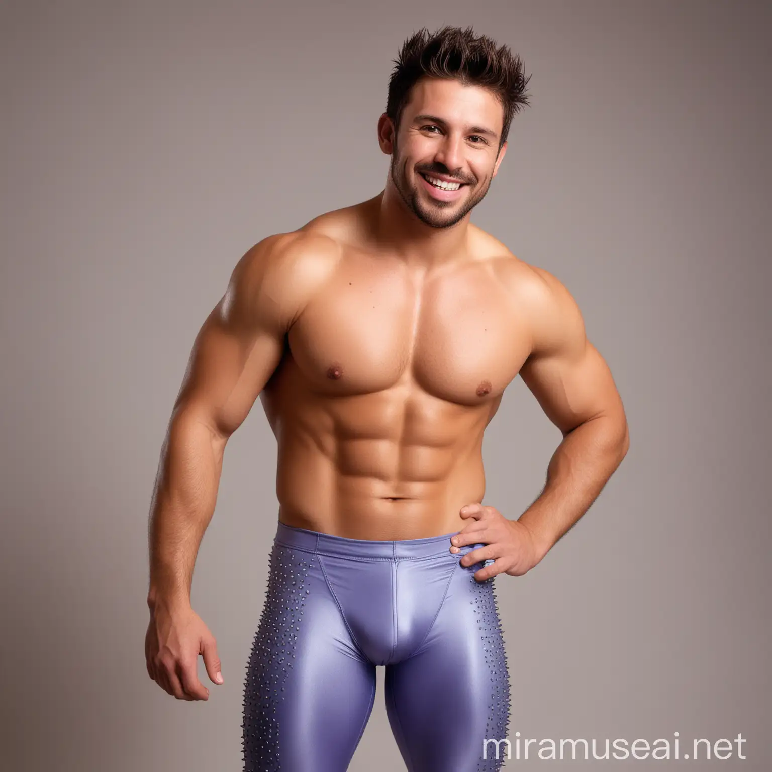 Charming fit shirtless  32 year old male Argentine wrestler, with short spiky gelled brunette hair; tanned brown skin; brown eyes; very little beard; wearing long periwinkle spandex leggings; smiling and winking 