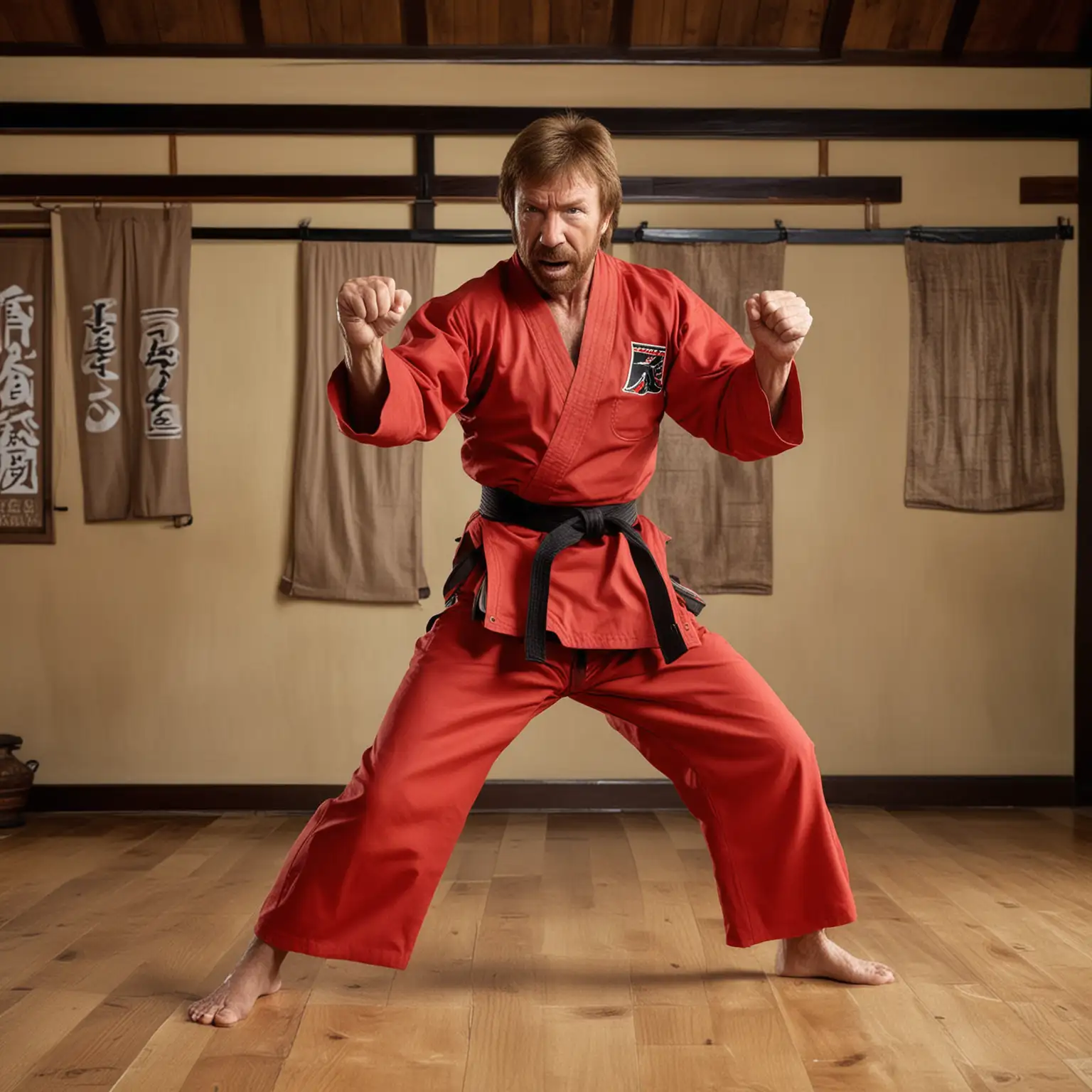 Chuck Norris Lookalike Practicing Karate in Traditional Dojo