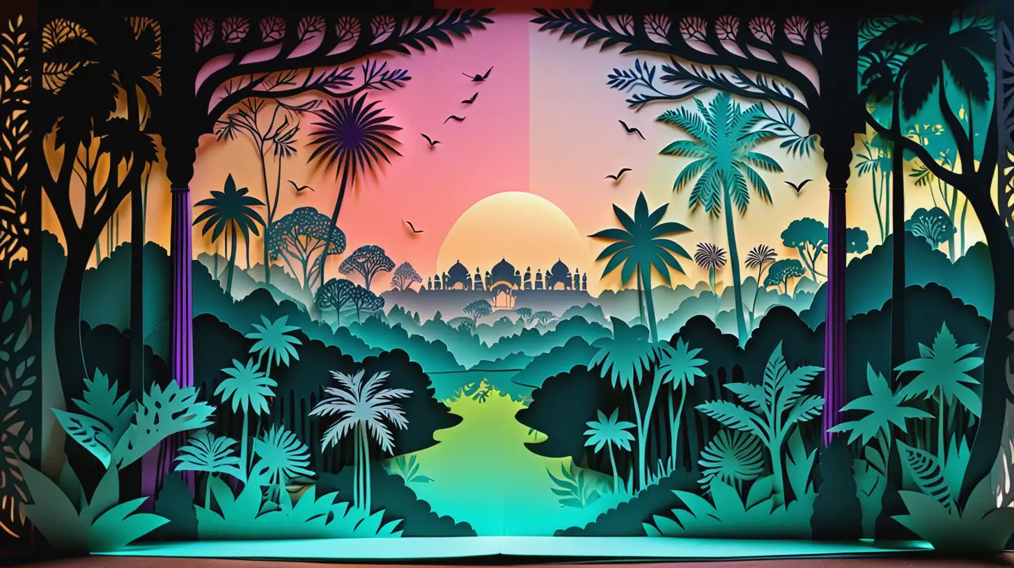 Double Exposure Indian Terrace Overlooking Jungle Night Paper Cutting