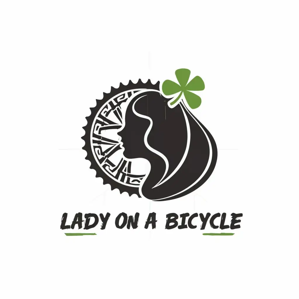 a logo design,with the text "Lady on a bicycle", main symbol:Bicycle wheel, girl's profile, clover leaf in hair,Moderate,be used in Sports Fitness industry,clear background