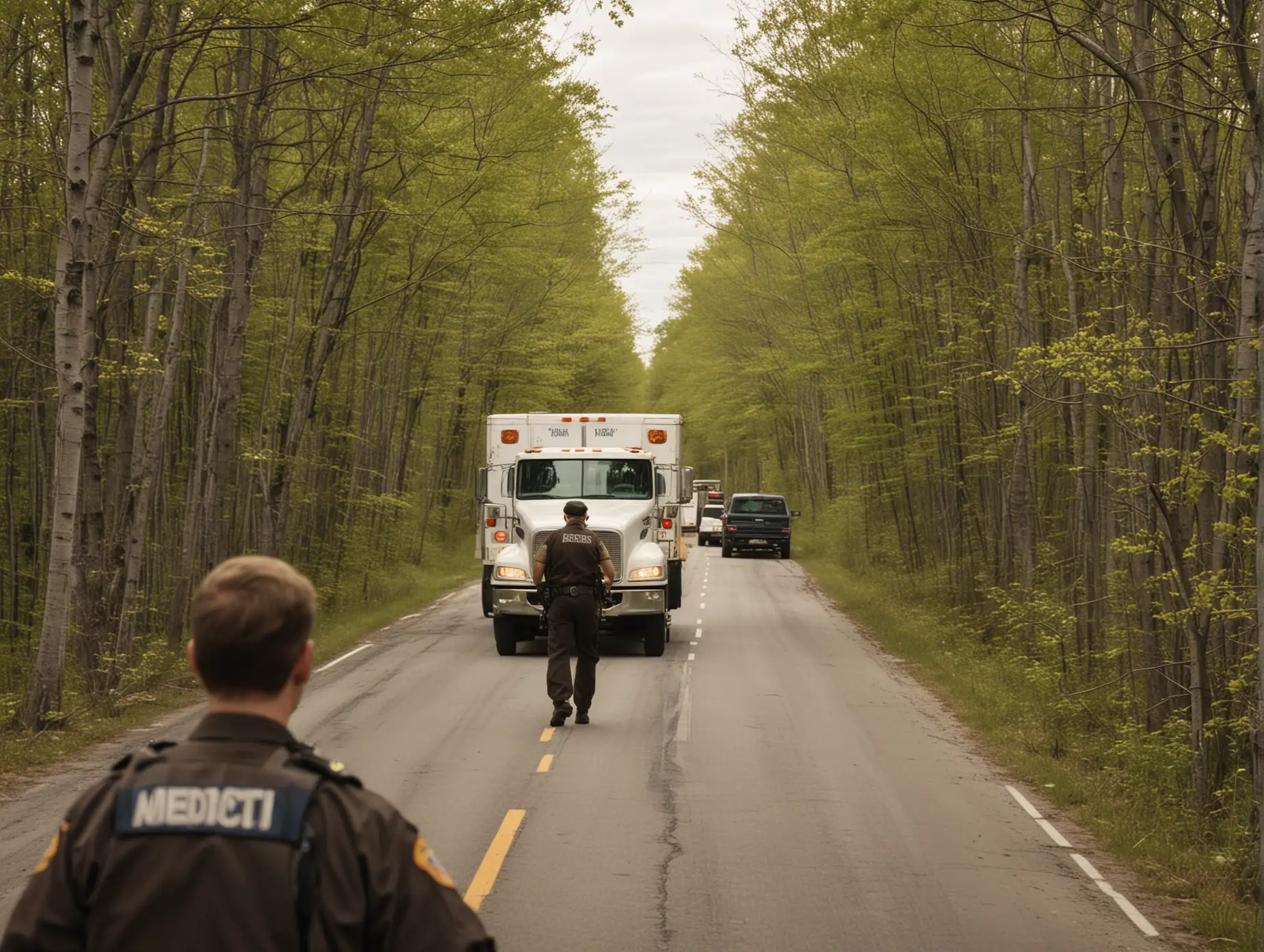 photographie d'un contrôleur routier vue de dos,  qui marche vers un gros camion. Printemps au Québec, fin de journée. Il fait beau et les arbres sont en feuilles. La personne est au premier plan de l'image, très près de la caméra. On voit le camion par dessus l'épaule
