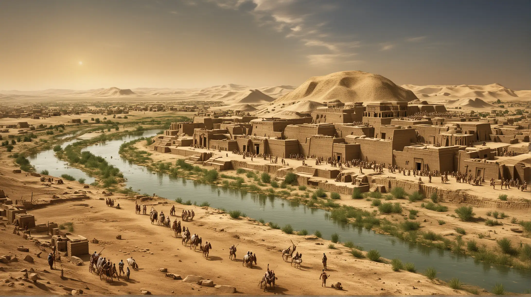 Ancient Mesopotamian Cityscape at Dusk with Temple Silhouettes