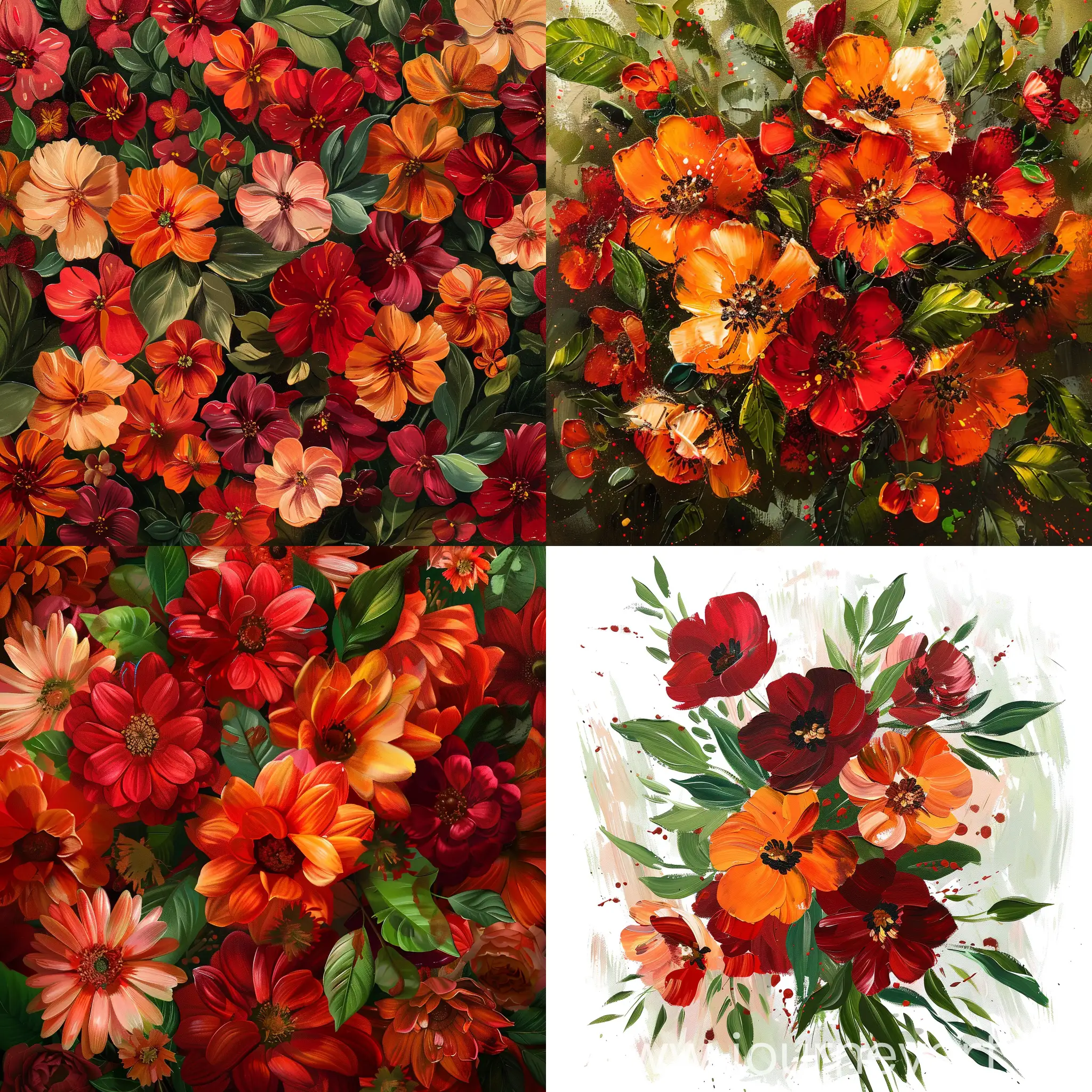 A bouquet of flowers, 
Illustration, 
Red and orange flowers intersperse, 
Green leaf embellishments, 
Oil painting texture