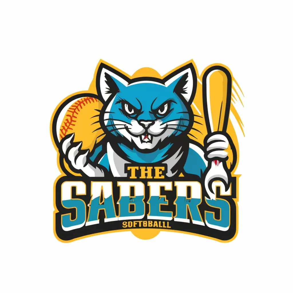 a logo design,with the text "the Sabers", main symbol:this logo-style mascot for the softball club should include a cat with softball. and must color  is powder blue and yellow,Moderate,clear background