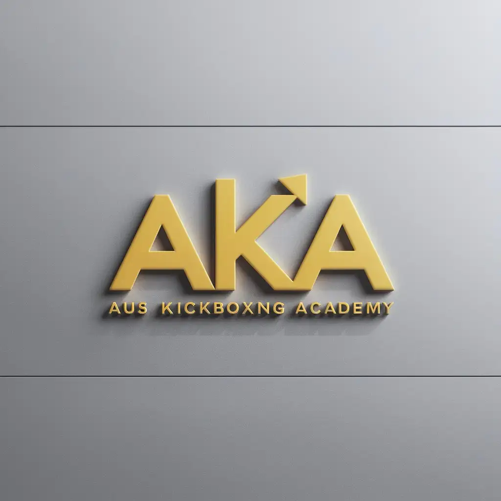 a logo design,with the text "AKA", main symbol: Here's a suggested minimalist logo design for Aus Kickboxing Academy (AKA):

[Text element] "AKA" in yellow, using a modern, clean font. The "A" could be slightly larger than the other letters to add visual interest and stand out as the first letter. The "K" can have a subtle upward-pointing arrow motif to suggest the martial arts aspect of kickboxing. The background can be in light grey or white. Alternatively, you can use black for the text and keep the rest of the design in white or light grey.

The overall design is minimalistic, modern, and emphasizes the initials "AKA" as requested. The use of yellow, grey, and white provides a balanced color scheme that's not too overwhelming. Feel free to experiment with different shades and variations of these colors.,Minimalistic,be used in martial arts gym industry,clear background
