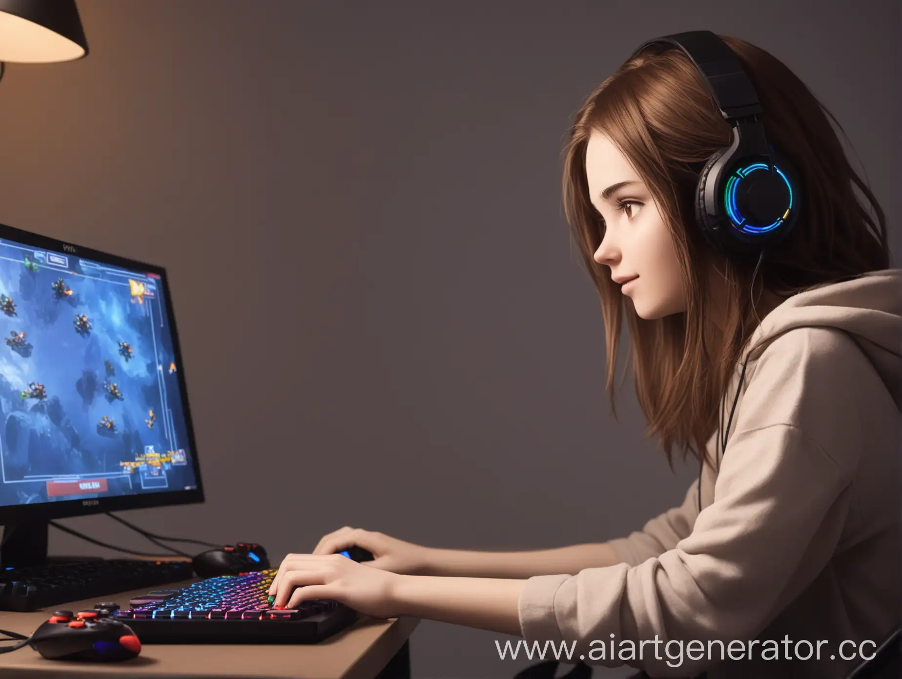 молодая девушка с коричневыми волосами играет в компьютер 