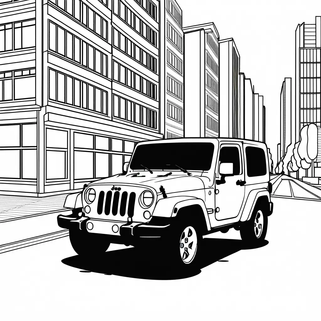 jeep in city, Coloring Page, black and white, line art, white background, Simplicity, Ample White Space. The background of the coloring page is plain white to make it easy for young children to color within the lines. The outlines of all the subjects are easy to distinguish, making it simple for kids to color without too much difficulty