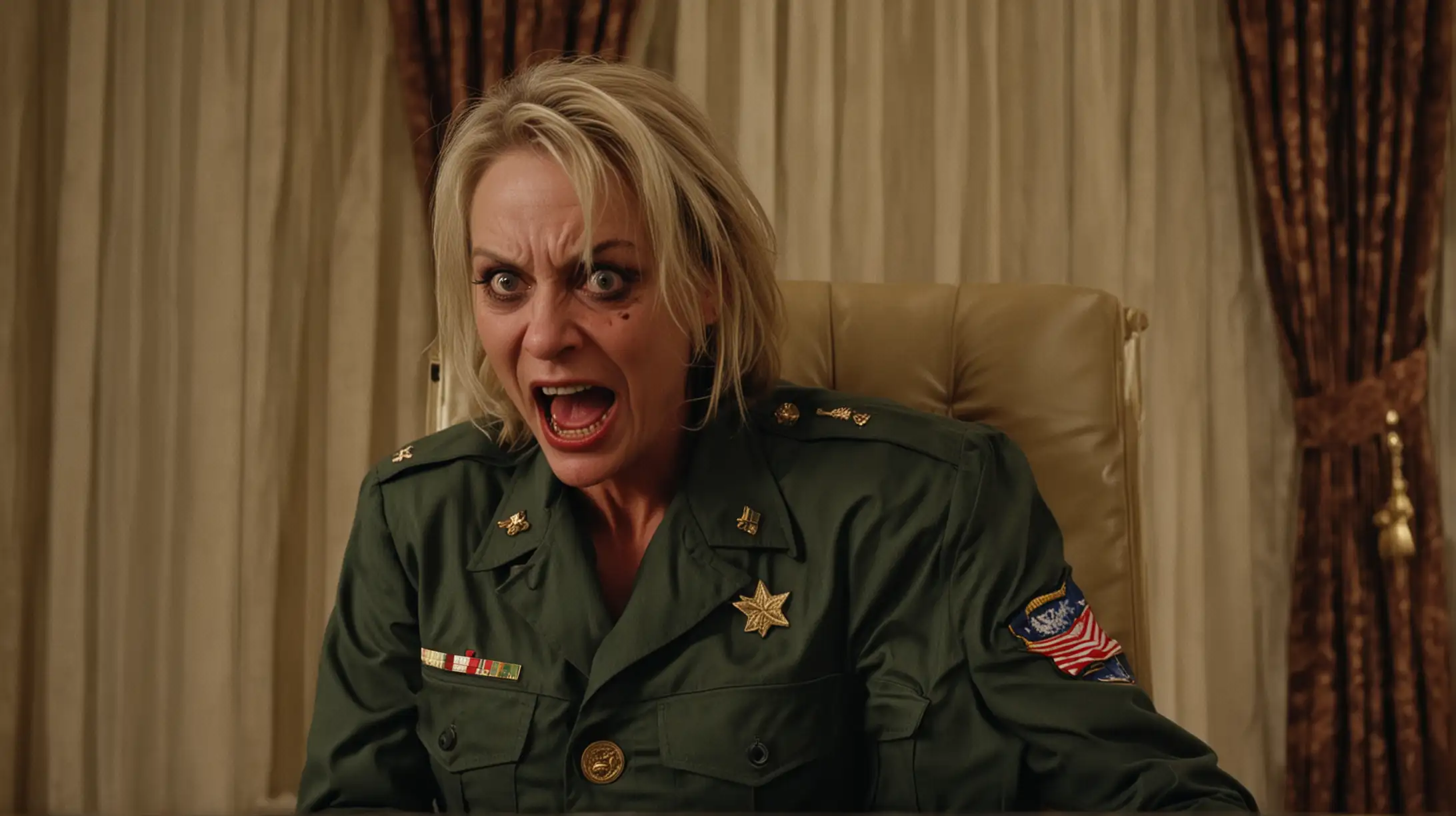 evil high ranking military woman, 55 yo, blonde,  scar on face, military jacket, psycho smile, angry, mad, furious, crazy eyes, seated on presidential chair, night, 70s crime movie style, super panavision 70