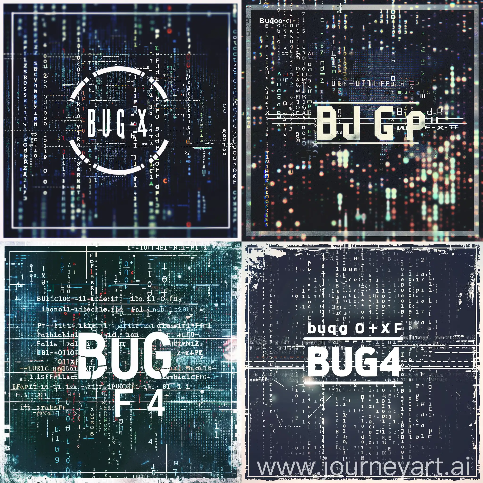 please hacking or cybersecurity themed logo image with a white border around the edges and a logo in the middle containing the specific exact text "Bug0xF4".  Also add some computer code or programming code in the background.