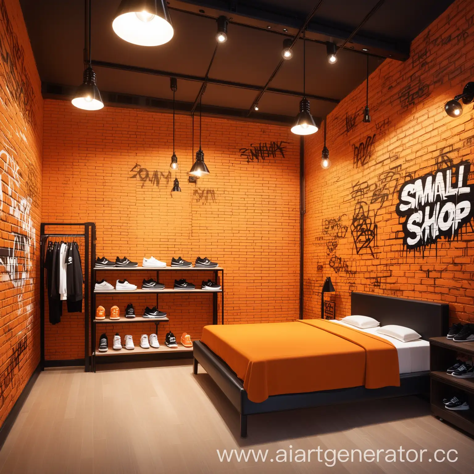 Небольшая комната, магазин кроссовок, ,светлое помещение, оранжевые тона, кирпичные стены, висящие лампы, одна стена с граффити хорошо заметное, уют,