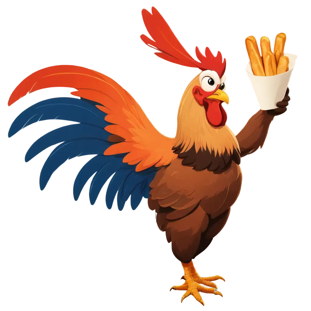 A rooster carrying a symbol of happiness and deliciousness in his hand transformed from his open wings, design it like a logo for a fast food restourant with fried chicken inside