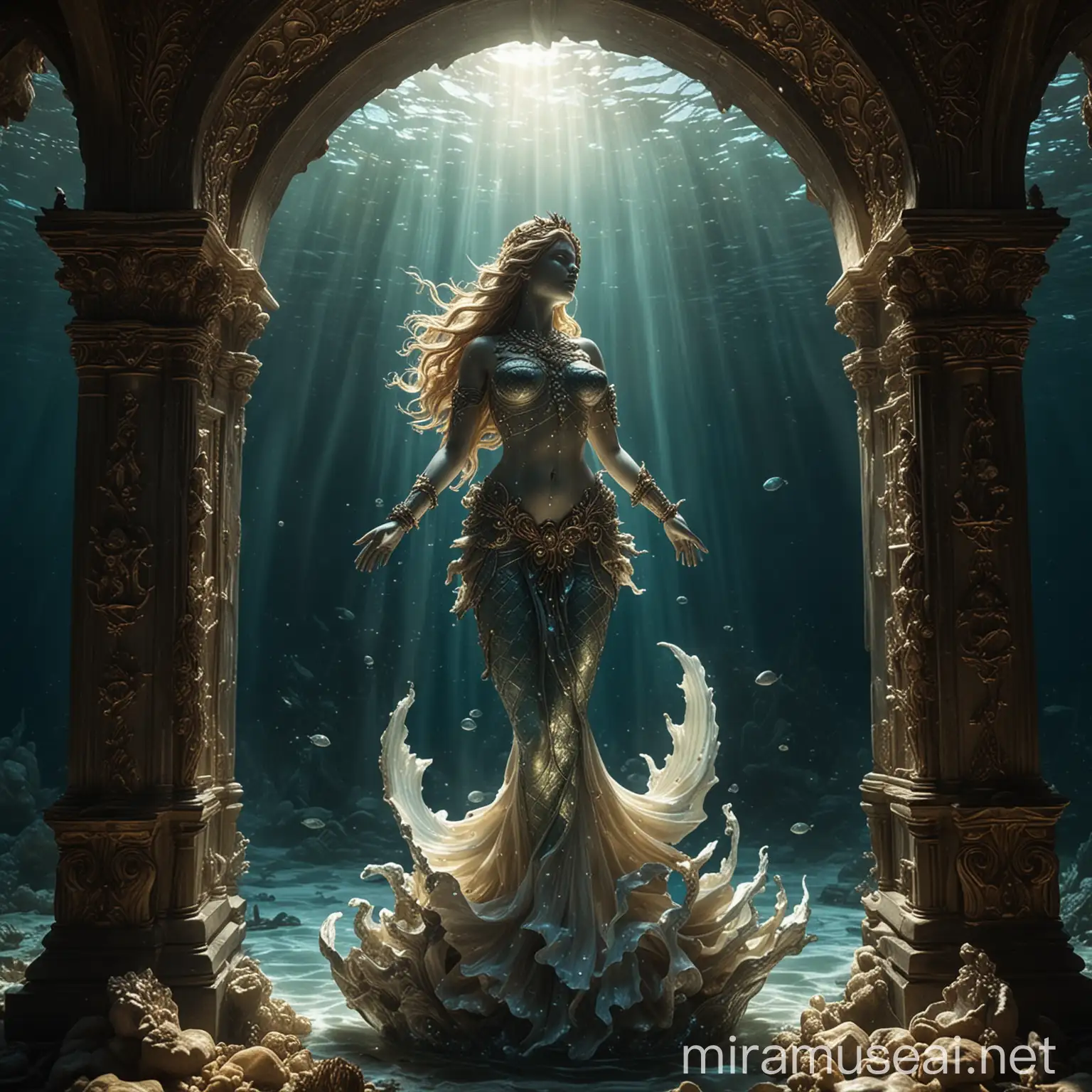 MERMAIDS, BEST QUALITY, FULL HD, 8K, image presents a truly breathtaking view of the depths of the sea, capturing a portal-like entrance to an underwater celestial, EMOTIONAL city. The portal-like entrance to the celestial city is adorned with awe-inspiring details, offering a tantalizing glimpse of the magnificent city beyond. From a distance, the city appears truly remarkable, constructed from celestial gold and adorned with pearls, reminiscent of the treasures of the deep sea. Its ethereal glow illuminates the surrounding waters, casting a mesmerizing aura that beckons travelers from afar. As one draws nearer, the intricate beauty of the city becomes more apparent. Towering spires crafted from celestial gold reach towards the heavens, while domes adorned with pearls shimmer with celestial light. Every surface is adorned with pearls, creating a spectacle that rivals the most wondrous dreams. At the center of this majestic entrance stands a stunning statue, carved from abalone IRIDESCENT, depicting a mesmerizing MERMAID Half fish, half woman, the mermaid possesses a captivating beauty that transcends the ocean's depths. Her enchanting crown adorns her head with elegance, emitting an ethereal glow even beneath the dark waters. The image is captured in the depths of the sea, revealing the intricate details of the statue and the portal entrance. The filtered light from the layers of water above creates a play of shadows and reflections, further highlighting the beauty and magic of the scene. In the background, between the arches of the entrance, one can glimpse the outlines of the celestial city, promising a glimpse of a world of enchantment and wonder. This image captures the essence of fantasy and beauty that inhabit the depths of the ocean, transporting the observer to a realm of dreams and imagination.