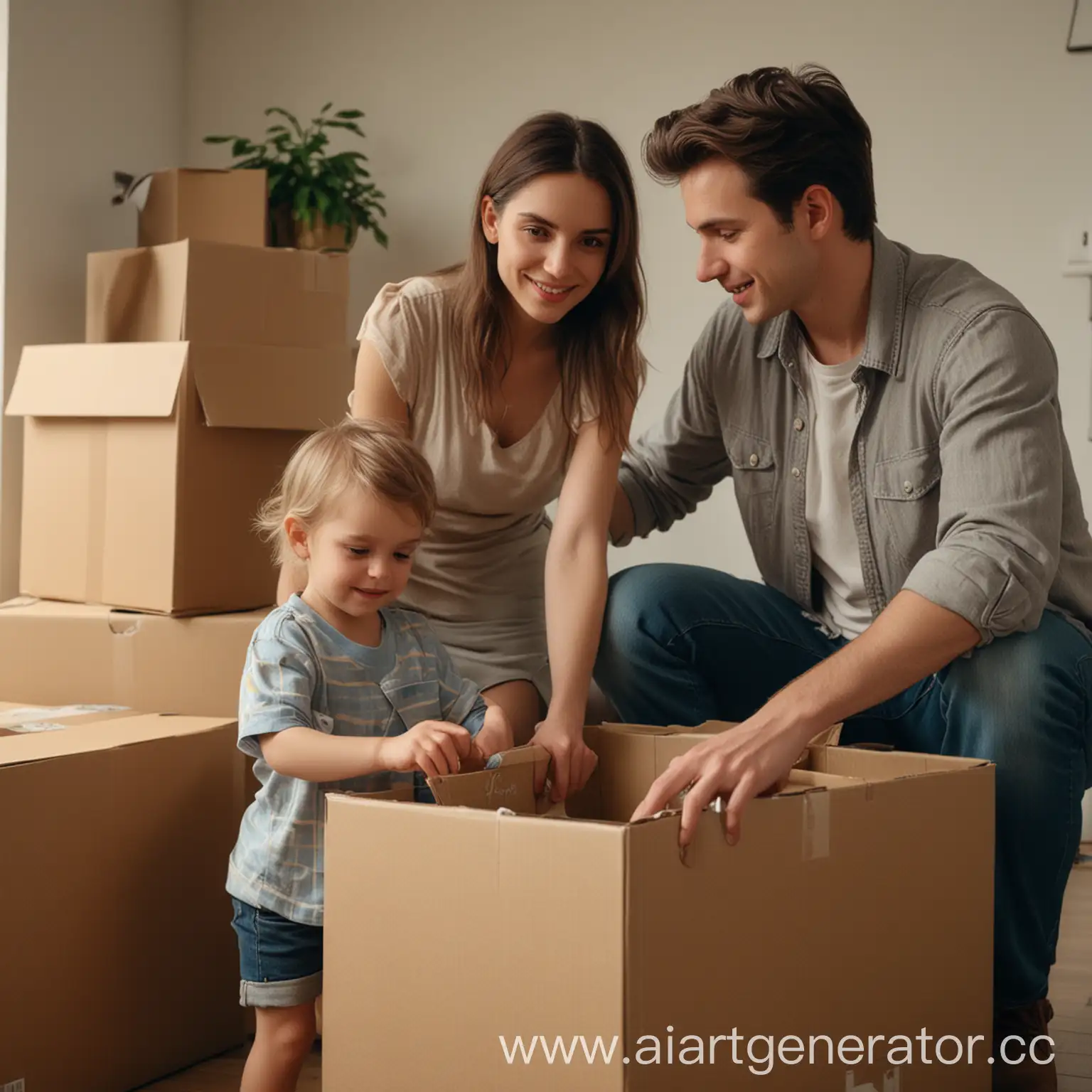 A happy family Mom and Dad and kid unpacks moving boxes in a new apartment, natural light,cinematic volumetric light,soft ton of skin,natural colors,film look,film style,Kodak film,beautiful face,beautiful faces,realistic skin,natural soft ton of skin,harmonious proportions faces,balanced proportions faces,pro color palette, bright and juicy colors, pro photo, pro shadows design, pro color tone mapping,elegant,pro color rendering,high end art,pro photo,photo focus,photographic, photorealistic,hyper realistic,highly detailed,shot on Nikon D850 camera by Julia Sariy, rtx 4080,8k,8k detailed,unreal engine 5,octane render,txaa,fkaa,rtx 3080,wide-angle shot 